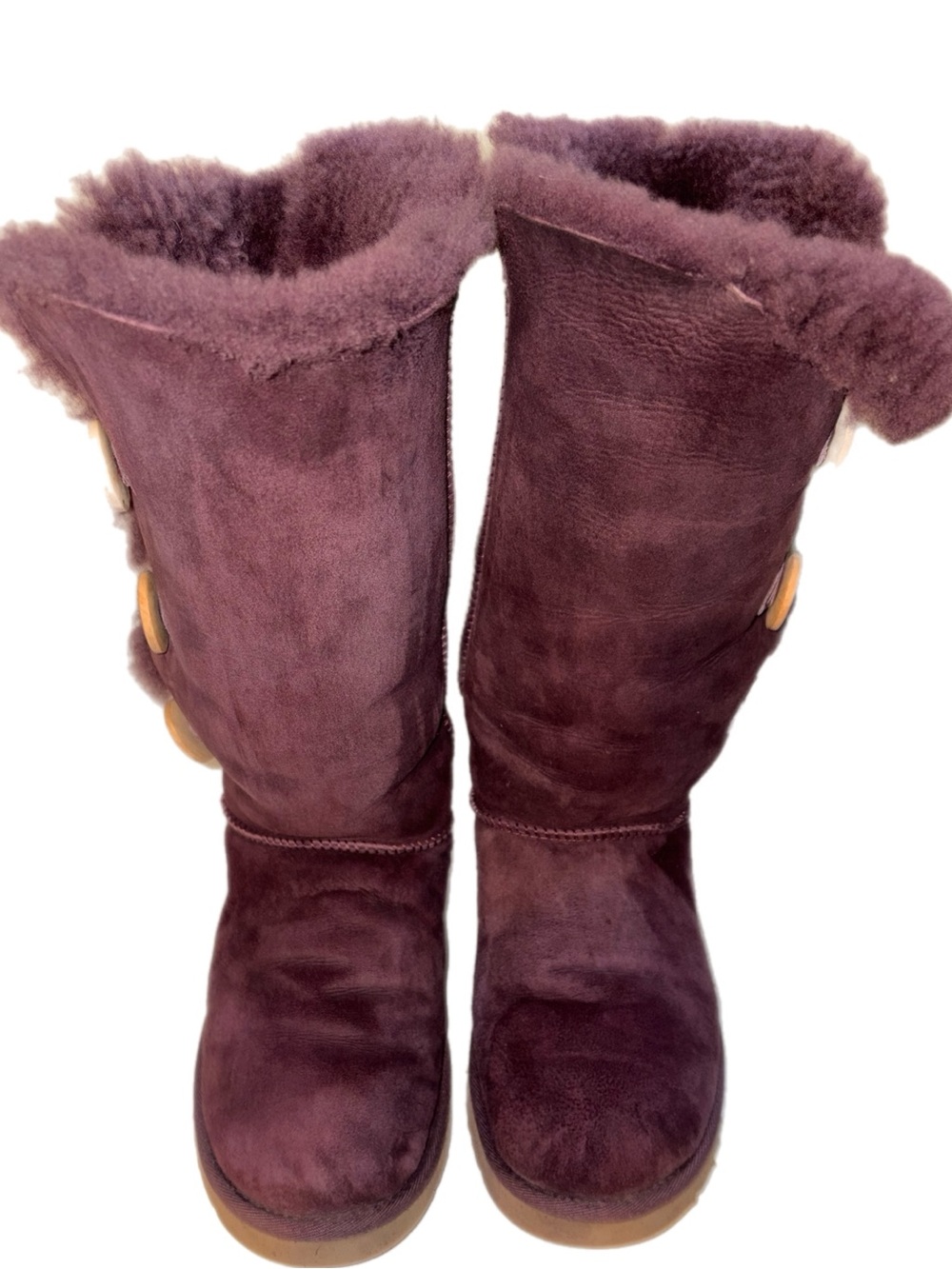 UGG Plum Suede Shearling Mid-Calf Boots with Button Detail